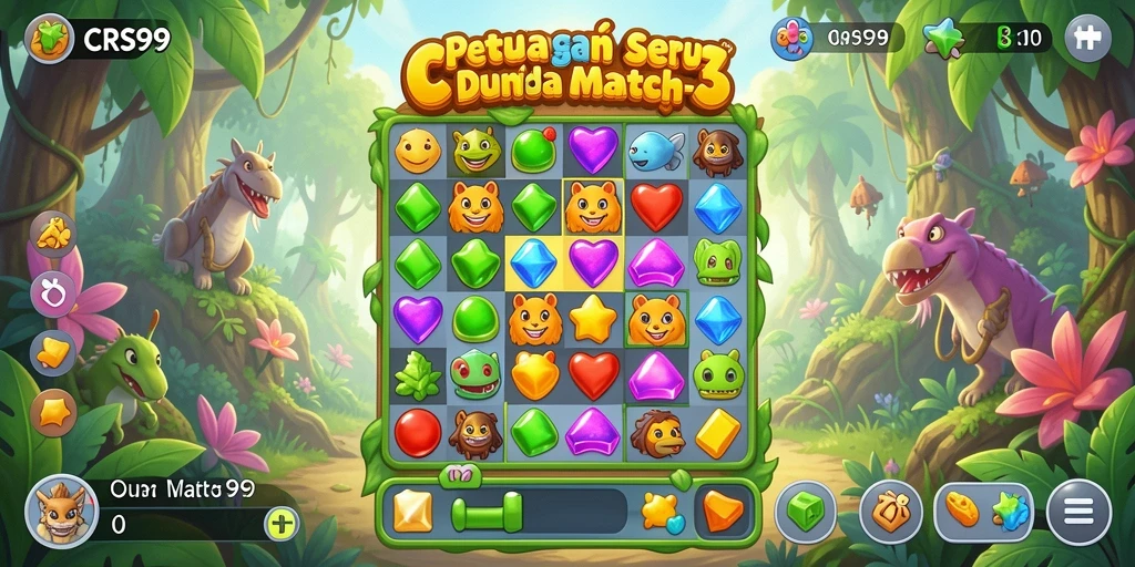 Tampilan gameplay CRS99 dengan permata berwarna-warni yang menyenangkan.
