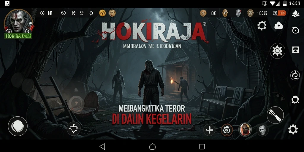 Screenshot gameplay HOKIRAJA menunjukkan suasana menyeramkan dan mencekam.