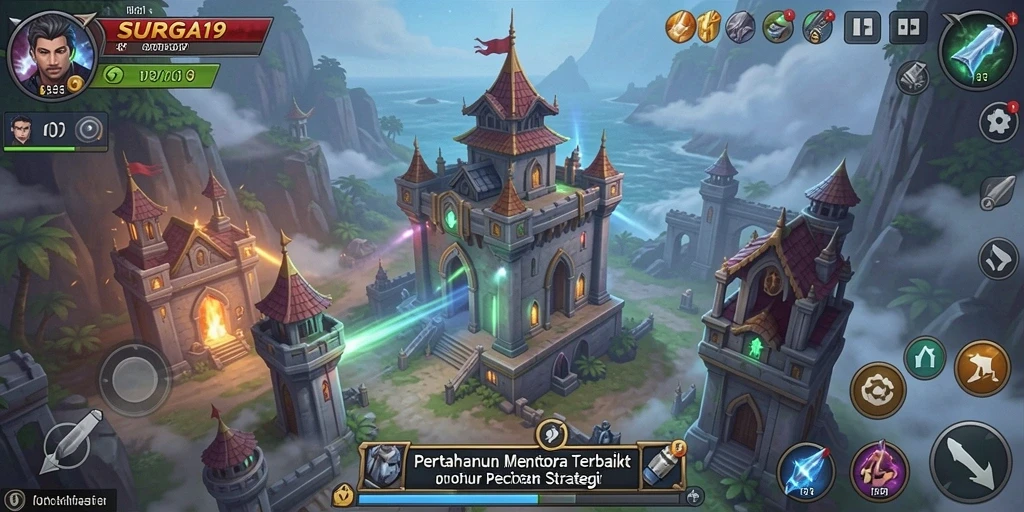 Gameplay seru dalam SURGA19 dengan menara dan strategi pertahanan.